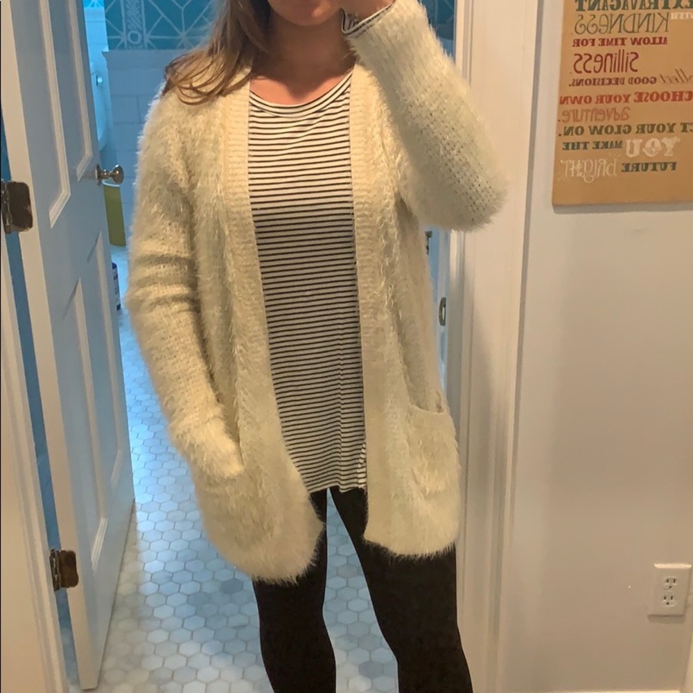 Shaggy cream long cardigan